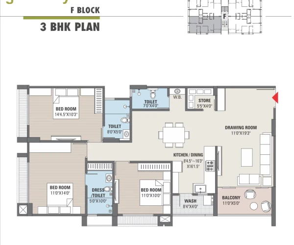3 BHK Plan - Block F
